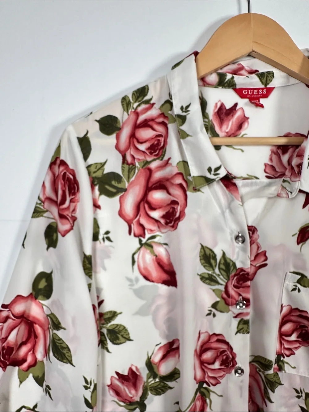 Guess Rose Print Button Down Blouse Sheer Floral Top XL Coquette Romantic Y2K - Picture 4 of 10